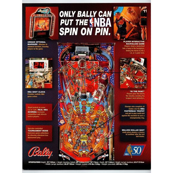 NBA Fastbreak Pinball Flyer Original 1997 Game 8.5" x 11" Retro Basketball Art - Picture 2 of 2